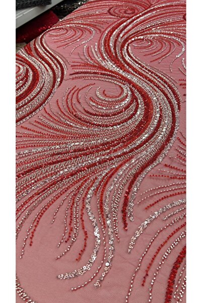 Safir Kumaş Abiyelik Taş ve Boncuk İşlemeli Kırmızı Danteller 2.5 Metre ( Alt...
