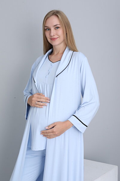 Miss Dünya Lissa Breastfeeding Suitable Collar Detailed Long Morning Gown Maternity and Postpartum Pajama Set
