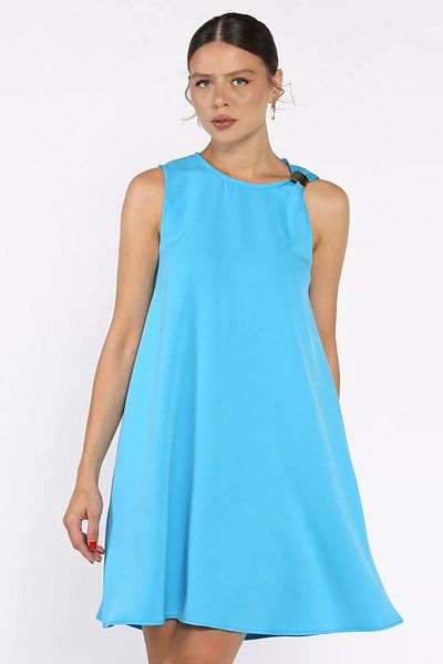 GÜLSELİ Blue Shoulder Buckle Comfortable Short Dress