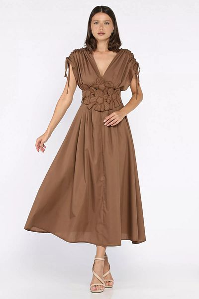 GÜLSELİ Brown Daisy Appliqued Double Breasted Dress