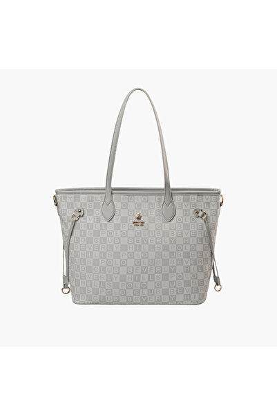 Beverly Hills Polo Club Monogram Print Tote Bag with Detachable Strap and Zip Closure