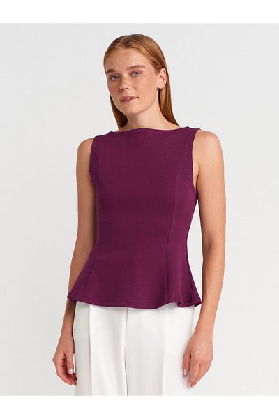Dilvin 21001 Boat Neck Peplum Top-Purple
