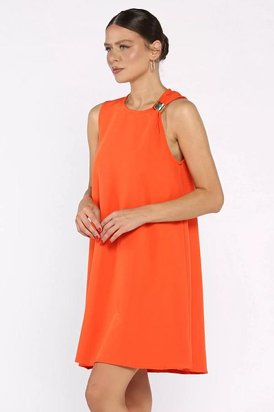 GÜLSELİ Orange Shoulder Buckle Comfortable Short Dress