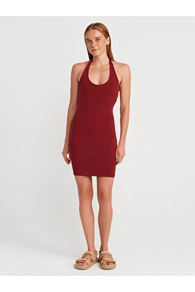 Dilvin 91508 Μίνι φόρεμα Halter Neck-Ανοιχτό μπορντό