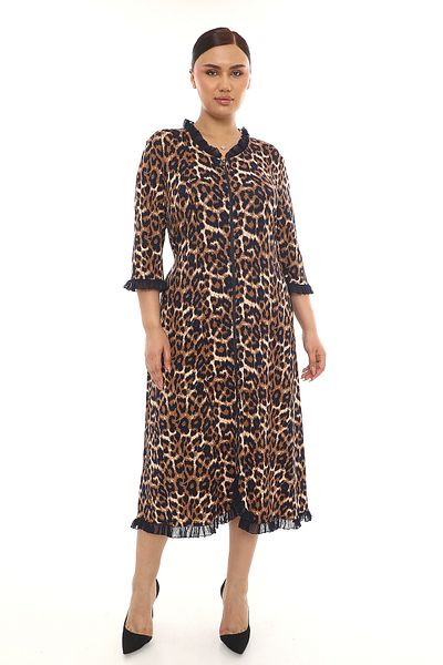 KARAMEŞE Women's Full Zipper Leopard Printed Viscosse Dress