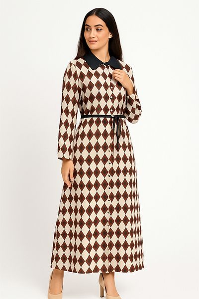dorbe harlequin diamond print long sleeve button-down belted waist contrast collar maxi shirt dress