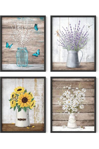 Emoda home Trove مجموعة من 4 ملصقات زهور لتزيين الحائط مطبوعات نباتية (20 × 3...