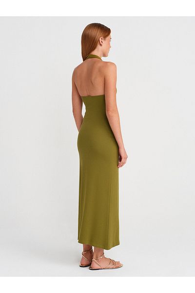 Dilvin 91476 Halter Neck Midi Dress-Oil Green