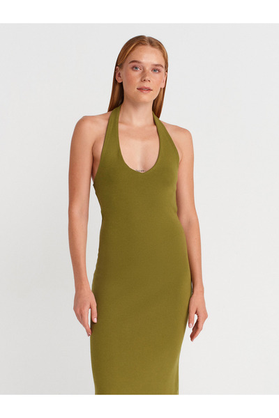 Dilvin 91476 Rochie Midi cu guler Halter - Verde ulei