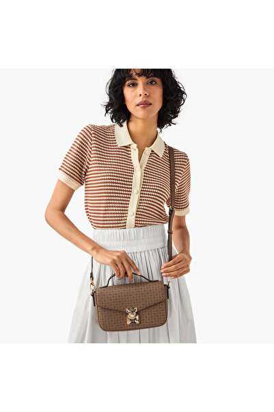 Guess Elaina Monogram Print Crossbody Bag with Flap Closure and Adjustable Strap