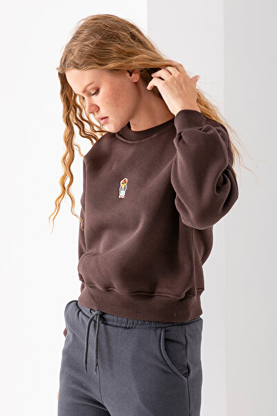 GİYSA Γυναικείο φούτερ με λαιμόκοψη με γυαλιά και κέντημα με 3 κλώνους καφέ - 2671