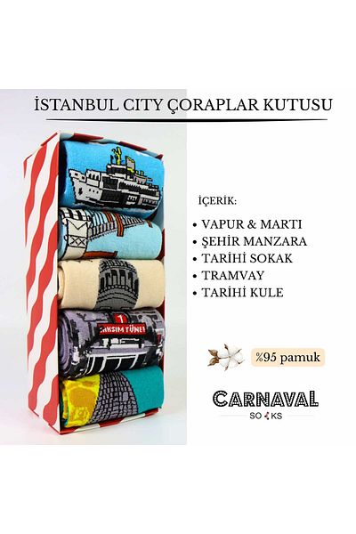 CARNAVAL SOCKS Box of 5 Unisex Colorful Socks with Istanbul City View