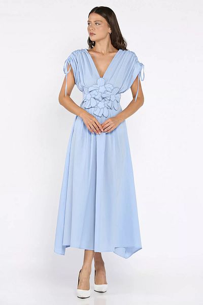 GÜLSELİ Baby Blue Daisy Appliqued Double Breasted Dress
