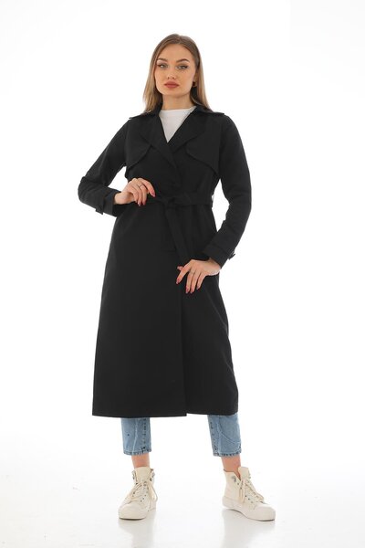 Dadali Buttoned and Belted Trench Coat Black