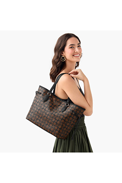 Guess Monogram Print Tote Bag with Double Handle and Zip Closure