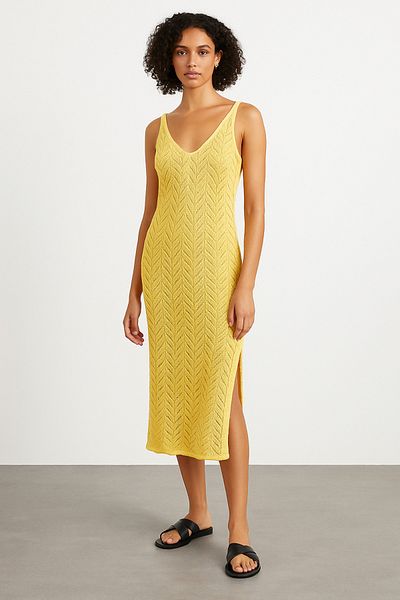 Noi Belis Openwork Slit Chest Low-Cut Strap Long 100% Cotton Beach Dress Ss25El0003