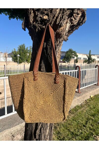 meSga butik Hand Organ Straw Bag with Coffee Color Lining