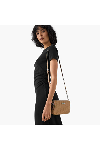 Guess Fiddlewood Monogram Print Crossbody Bag with Chain Strap