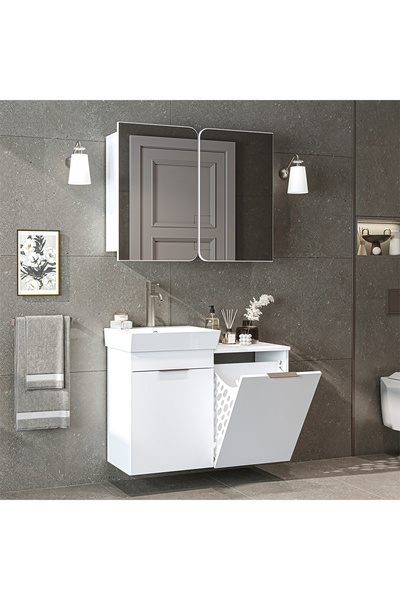 ROOMART Dubai Sepetli Mdflam Banyo Dolabı, Lavabolu Banyo Alt Dolabı + Aynalı Banyo Üst Dolabı Takımı