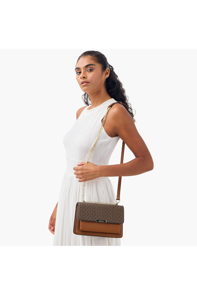 Chrisbella Monogram Print Crossbody Bag with Chain Strap and Wallet