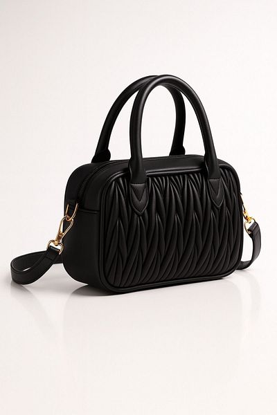 AVCA Women's Black Shoulder Handbag Textured Satin Shoulder Bag with Adjustable Strap