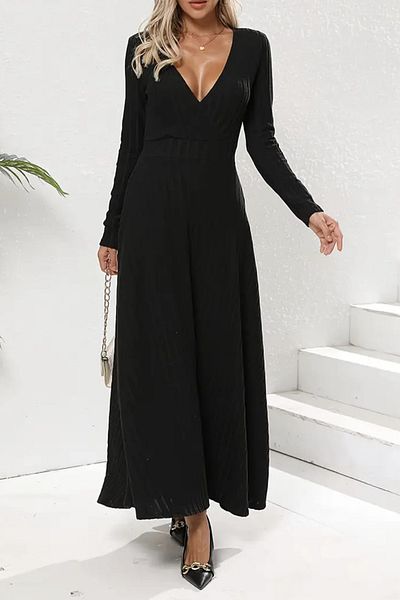 missamour Women's Black V-Neck Waist Belted Max Dress