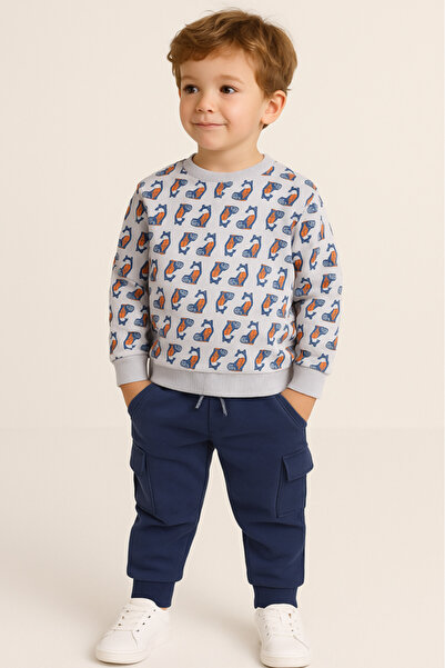 Dirkje طقم رياضي من قطعتين من فوكس أدفينتشر للأولاد - كريمي وأزرق داكن