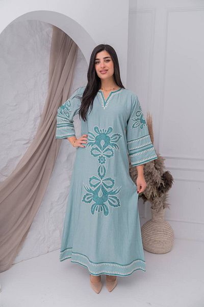 AFandina Linen jalabiya with delicate details that add a touch of luxury A-386