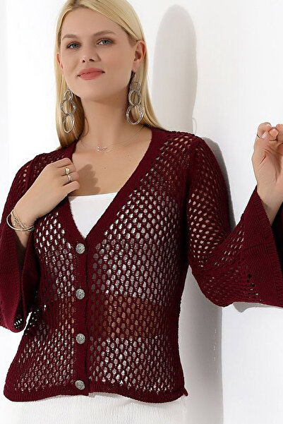 Yeslena Ajur Delikli File Örgü Rahat V Yakalı Uzun İspanyol Kollu Düğme Kapam...