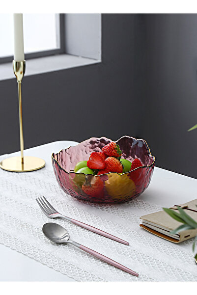 Shuer 9 Inch Glass Fruit Salad Bowl With Gold Edge And Irregular Hammer Pattern