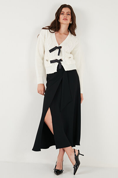 Lela Premium Regular Fit V Neck Bow Tie Detail Knit Patterned Knitwear Cardigan Cardigan 680Kz194