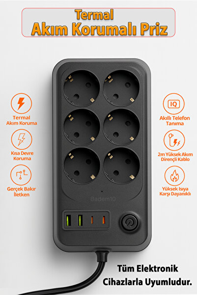 Badem10 6 Prizli 4 USB Girişli Akım Korumalı Topraklı Golyat Grup Şarj Fiş Priz 2 Metre Uzatma Kablosu