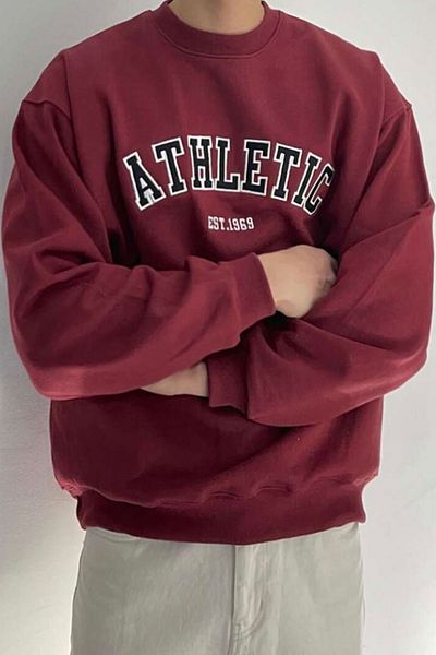 North London Men's Embroidery Printed Crew Neck Burgundy Oversize Sweatshirt