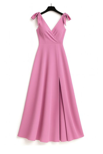 Little Visqon Women's Straps Shoulder Tie Double Breasted Collar Long Slit Janjan Crepe Dress