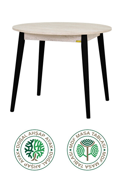 VİLİNZE Avanos Ahşap Siyah Ayak Yuvarlak Sabit Mdf Traverten Mutfak Masası - Q90 Cm