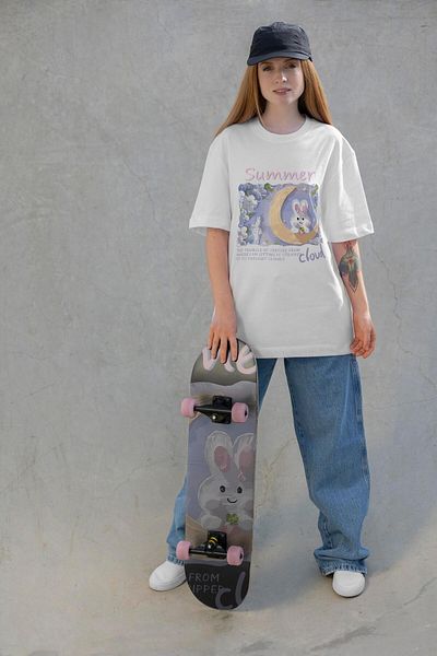 Buka Shops Aesthetic "Summer Cloud" Rabbit on the Moon Design Oversize T-Shirt