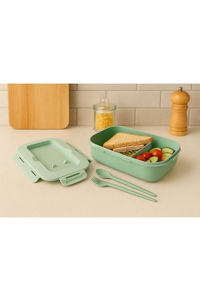 Pazar Kapısı Storage Container with Lid and Fork and Spoon – 1.1 L – Compartmented, Leakproof, Portable Food Container
