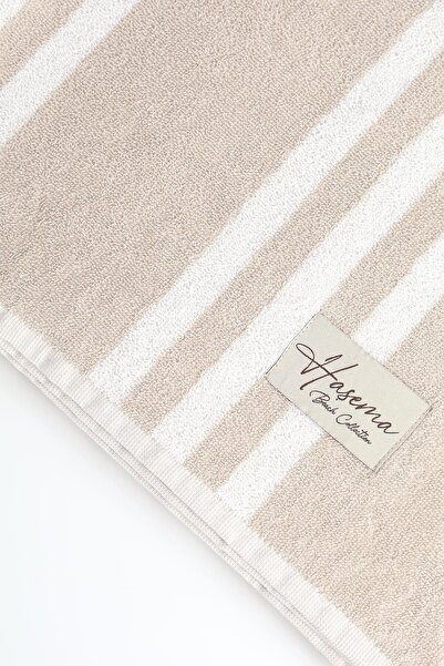 Haşema Bej Şerit Detaylı Beyaz Plaj Havlusu 28