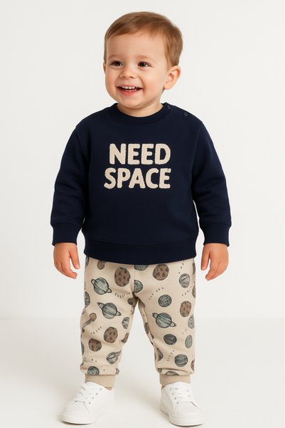 Dirkje Baby Boys “Need Space” Fleece Tracksuit – Navy & Cream 2-Piece Set