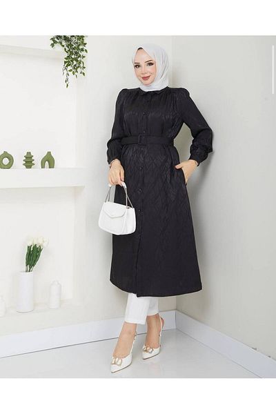 She Olive Self-Patterned Satin Finish Belt with Buttons Hijab Tunic