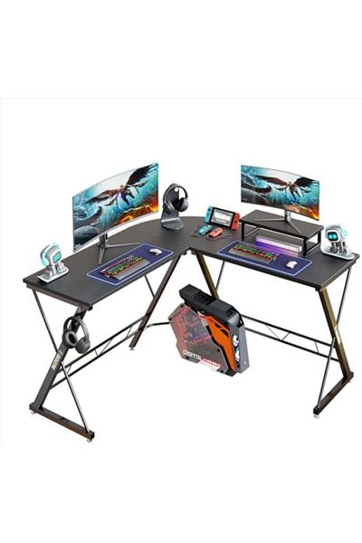 Datazone L Shaped Gaming Desk 130cm Carbon Fiber Layer with Large Monitor Lift Stand for Home Office
