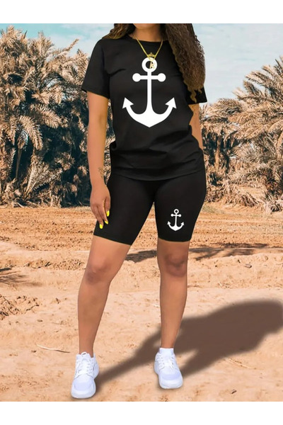 ETİLER COLLECTION   Women's Short Sleeve Anchor Printed Viscose Double Suit