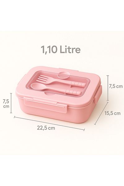 Pazar Kapısı Storage Container with Lid and Fork and Spoon – 1.1 L – Compartmented, Leakproof, Portable Food Container