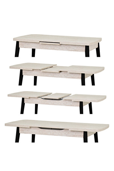 VİLİNZE Avanos Ahşap Siyah Ayak Açılır Kapanır Mdf Traverten Mutfak Masası - 70x120+30 cm