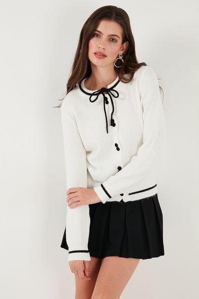 Lela Premium Fitted Fit Tie Collar Button Knitwear Cardigan Cardigan 680Hi002408