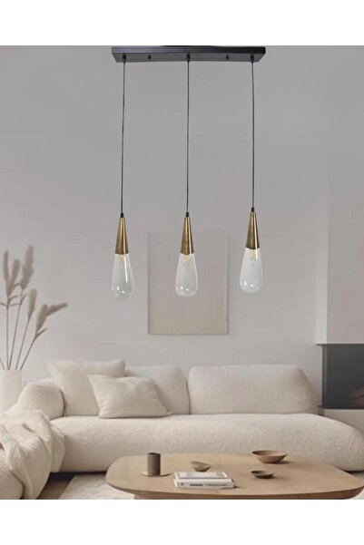 Fera Aydınlatma Damla Şeffaf Cam 3Lü Sıralı eskitme Metal Gövde Salon Yemek Masası Modern Dekoratif Sarkıt Avize