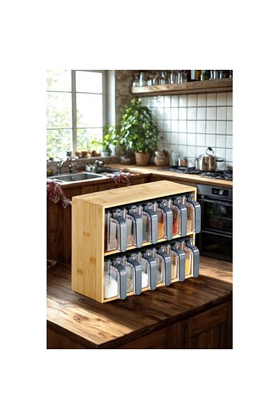 Piev 12-Piece Transparent Spice Rack with Bamboo Stand, Compartments, Lid and Spoon