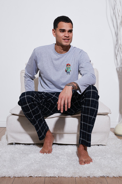 Buratti Plaid Regular Fit High Waist Pocket Crew Neck Pajama Set Men's Pajama Set 6574002