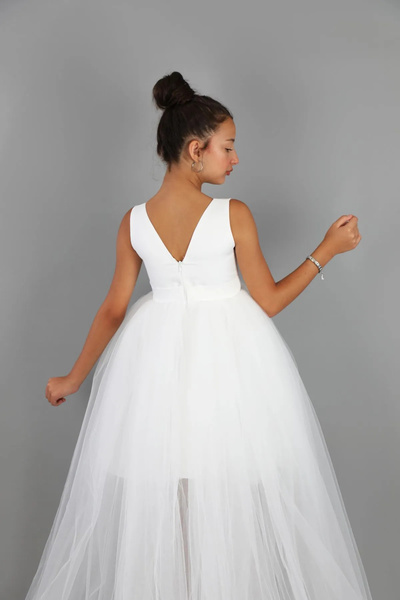 MadyaButik Kız Çocuk Beyaz Ön Kısa Arka Uzun Anvelop Elbise Mezuniyet Parti Balo Doğum Günü Elbise