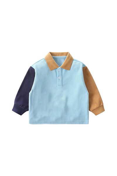 L&Wen Boys Stylish Color-blocked Long Sleeve Polo Shirt, Lapel Kids Top Blue 110 (5 Years)